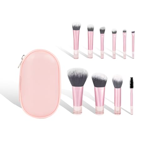 10 Pcs Mini Travel Makeup Brush Set with Pouch, Portable Pink Cosmetic Brushes for Foundation, Blush, Eyeshadow, On The Go Essentials for Women & Girls