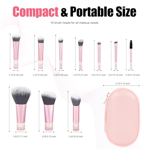 10 Pcs Mini Travel Makeup Brush Set with Pouch, Portable Pink Cosmetic Brushes for Foundation, Blush, Eyeshadow, On The Go Essentials for Women & Girls