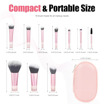 10 Pcs Mini Travel Makeup Brush Set with Pouch, Portable Pink Cosmetic Brushes for Foundation, Blush, Eyeshadow, On The Go Essentials for Women & Girls