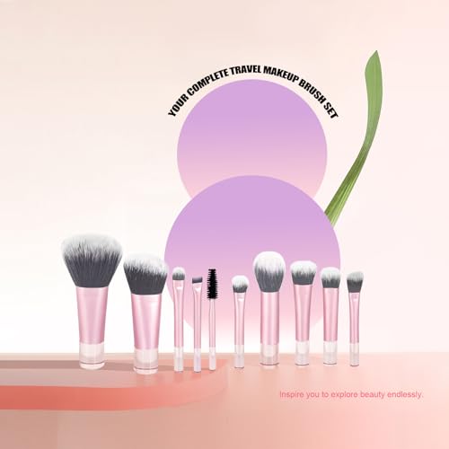 10 Pcs Mini Travel Makeup Brush Set with Pouch, Portable Pink Cosmetic Brushes for Foundation, Blush, Eyeshadow, On The Go Essentials for Women & Girls