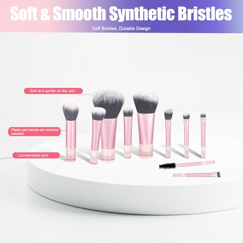 10 Pcs Mini Travel Makeup Brush Set with Pouch, Portable Pink Cosmetic Brushes for Foundation, Blush, Eyeshadow, On The Go Essentials for Women & Girls