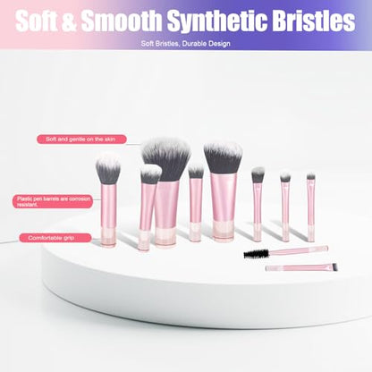 10 Pcs Mini Travel Makeup Brush Set with Pouch, Portable Pink Cosmetic Brushes for Foundation, Blush, Eyeshadow, On The Go Essentials for Women & Girls