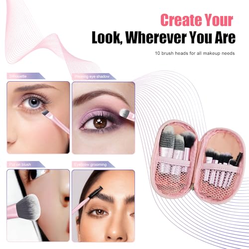 10 Pcs Mini Travel Makeup Brush Set with Pouch, Portable Pink Cosmetic Brushes for Foundation, Blush, Eyeshadow, On The Go Essentials for Women & Girls