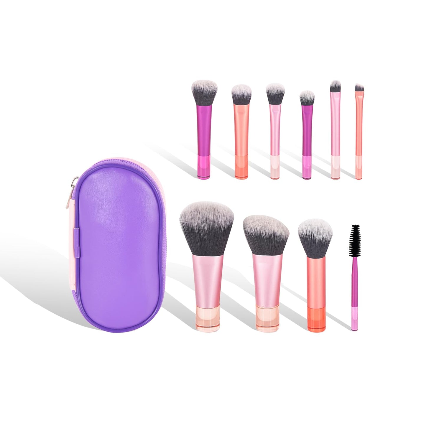 10 Pcs Mini Travel Makeup Brush Set with Pouch, Portable Pink Cosmetic Brushes for Foundation, Blush, Eyeshadow, On The Go Essentials for Women & Girls